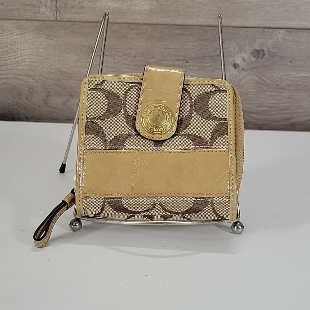 Coach Beige Signature Canvas Wallet with Tan Leather Trim